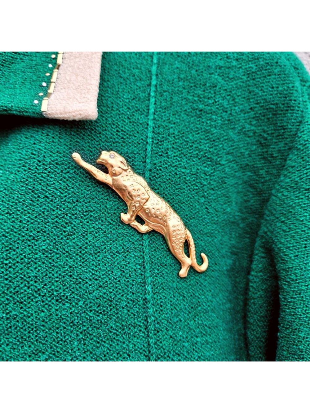 Vintage 80s Rich Levy Green Wool Knit Cardigan Leopard Brooch Womens L - Picture 3 of 14